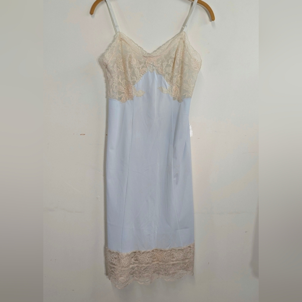 Vintage Lace Trim Light Blue Slip Dress Extraordinary Lace 34 S Ivory Stretch - Picture 3 of 15